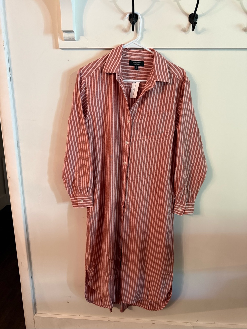 Banana Republic Red and Pink Striped Maxi Linen Blend Shirt Dress NWT